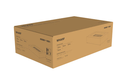 Brown cardboard box with 'WHARF' branding on a white background