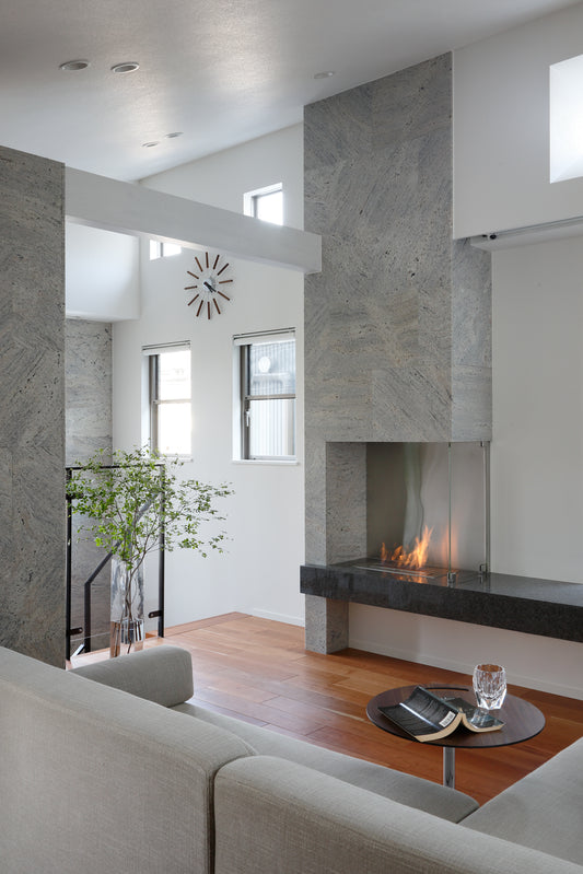 Modern living room with a fireplace, gray walls, and a white ceiling.
