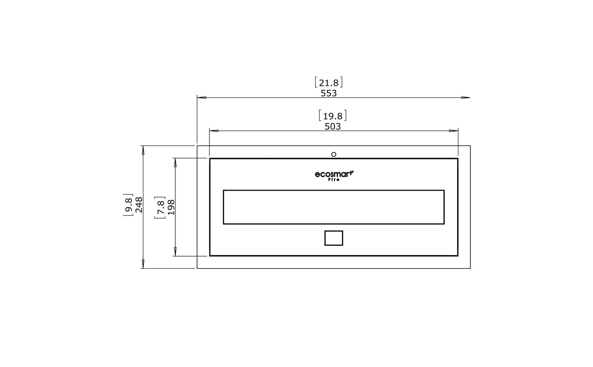 Technical drawing of a rectangular product with dimensions and Ecomar branding.