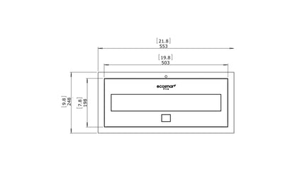 Technical drawing of a rectangular product with dimensions and Ecomar branding.