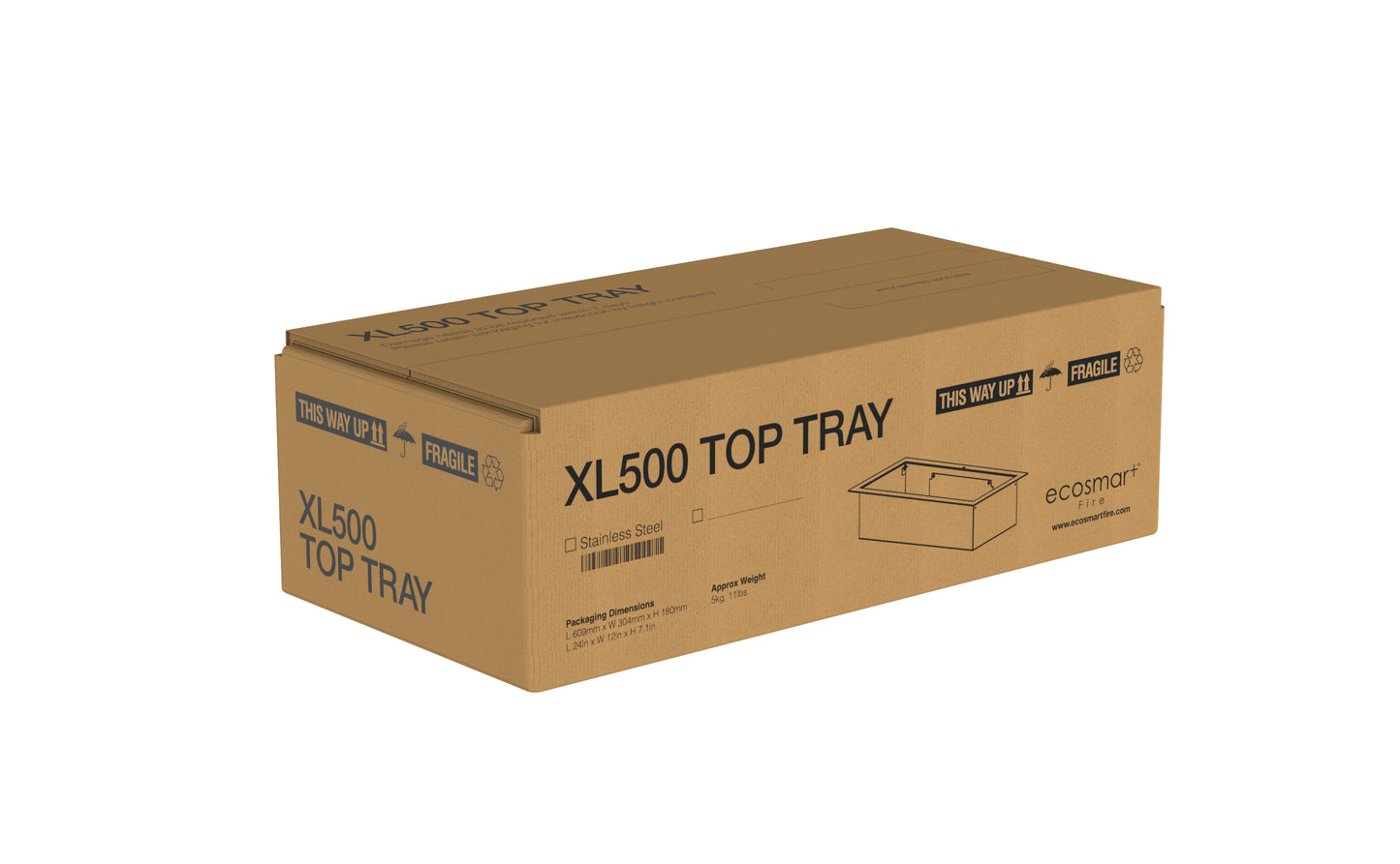 Cardboard box with 'XL500 Top Tray' branding on a white background