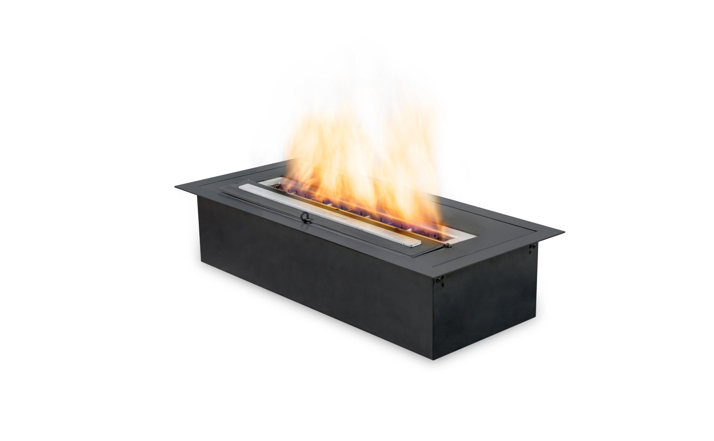 Black rectangular fire pit with flames on a white background