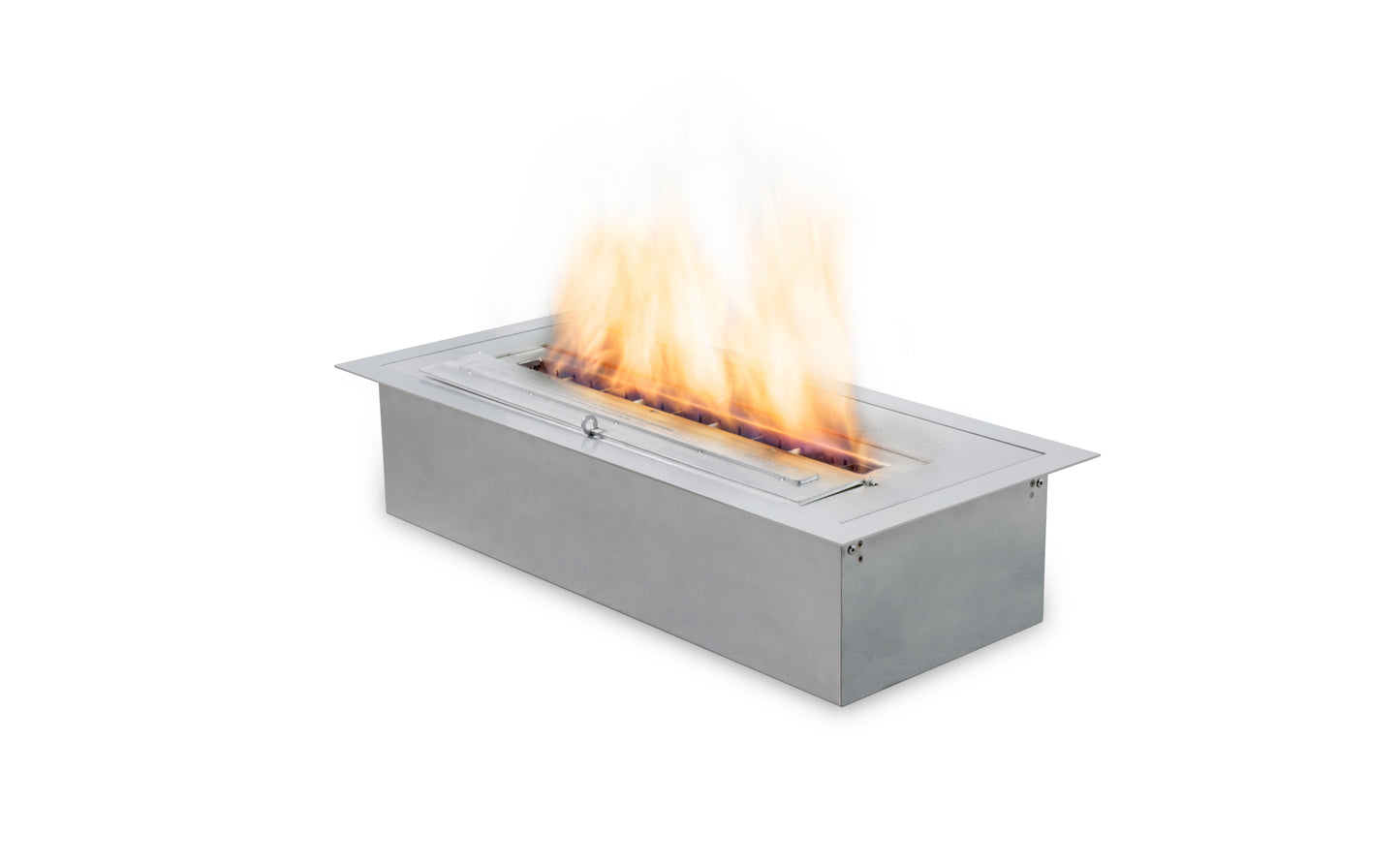 Rectangular fire pit with flames on a white background