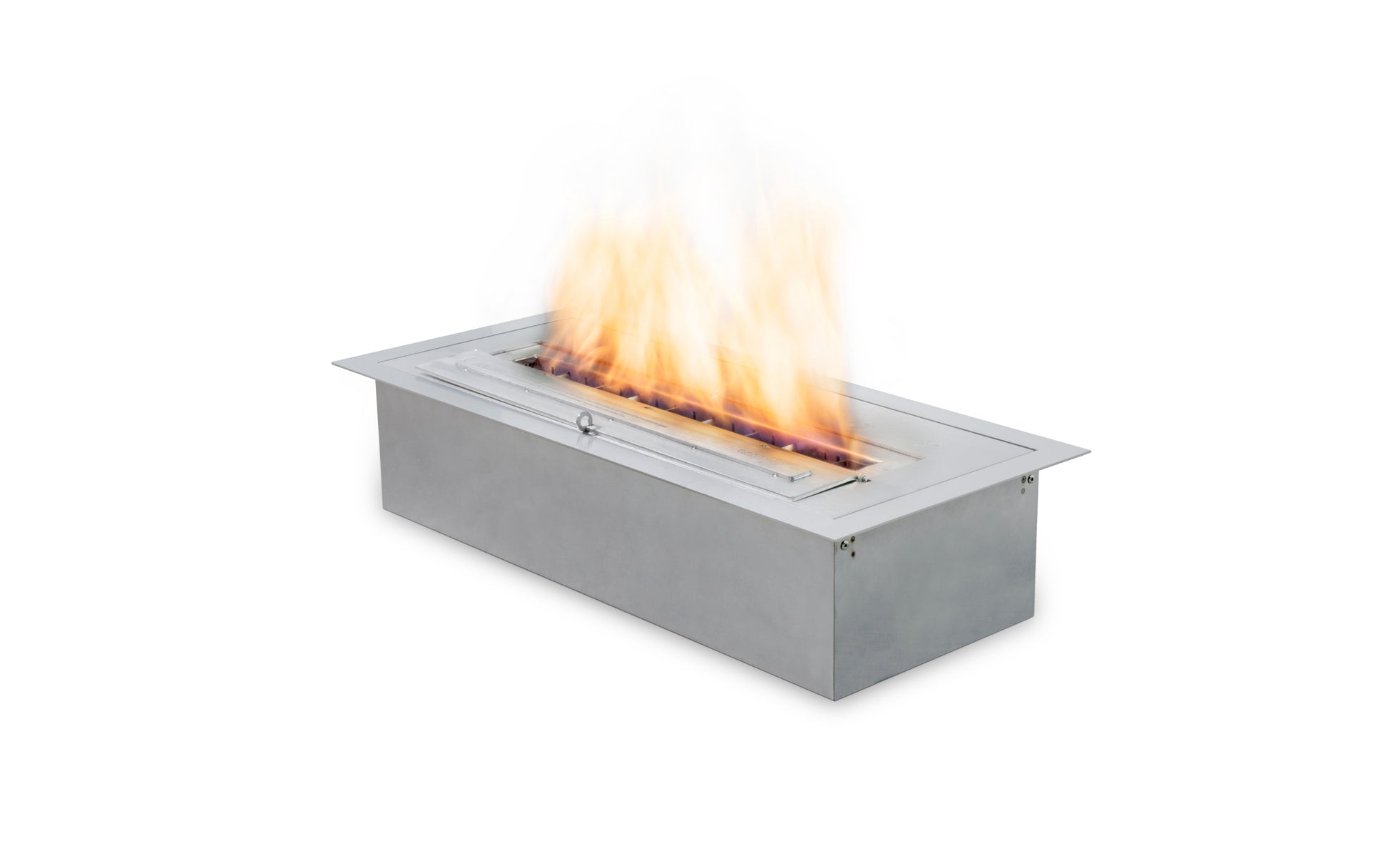 Rectangular fire pit with flames on a white background