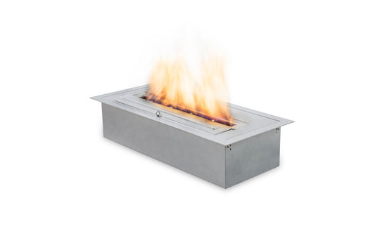 Rectangular fire pit with flames on a white background