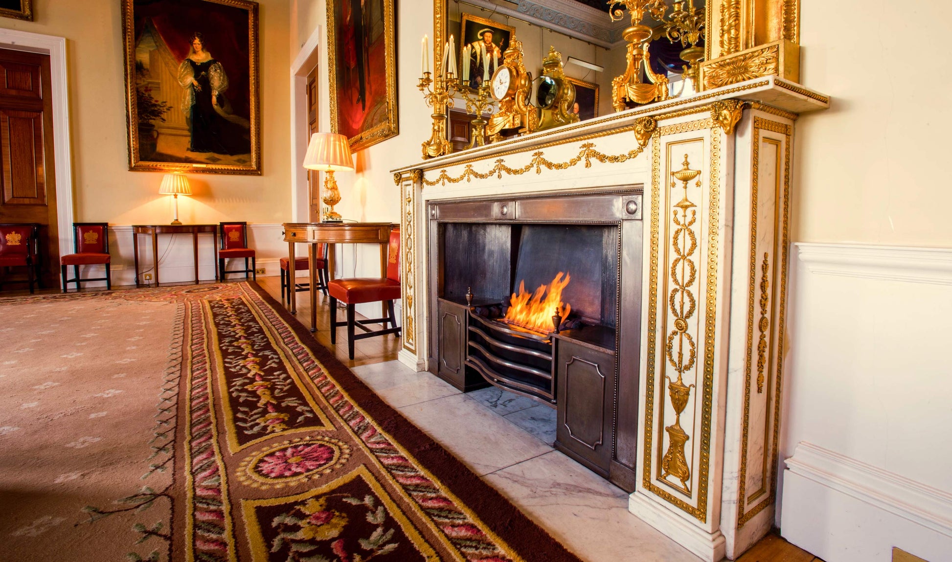 Grand room with ornate fireplace and decorative elements