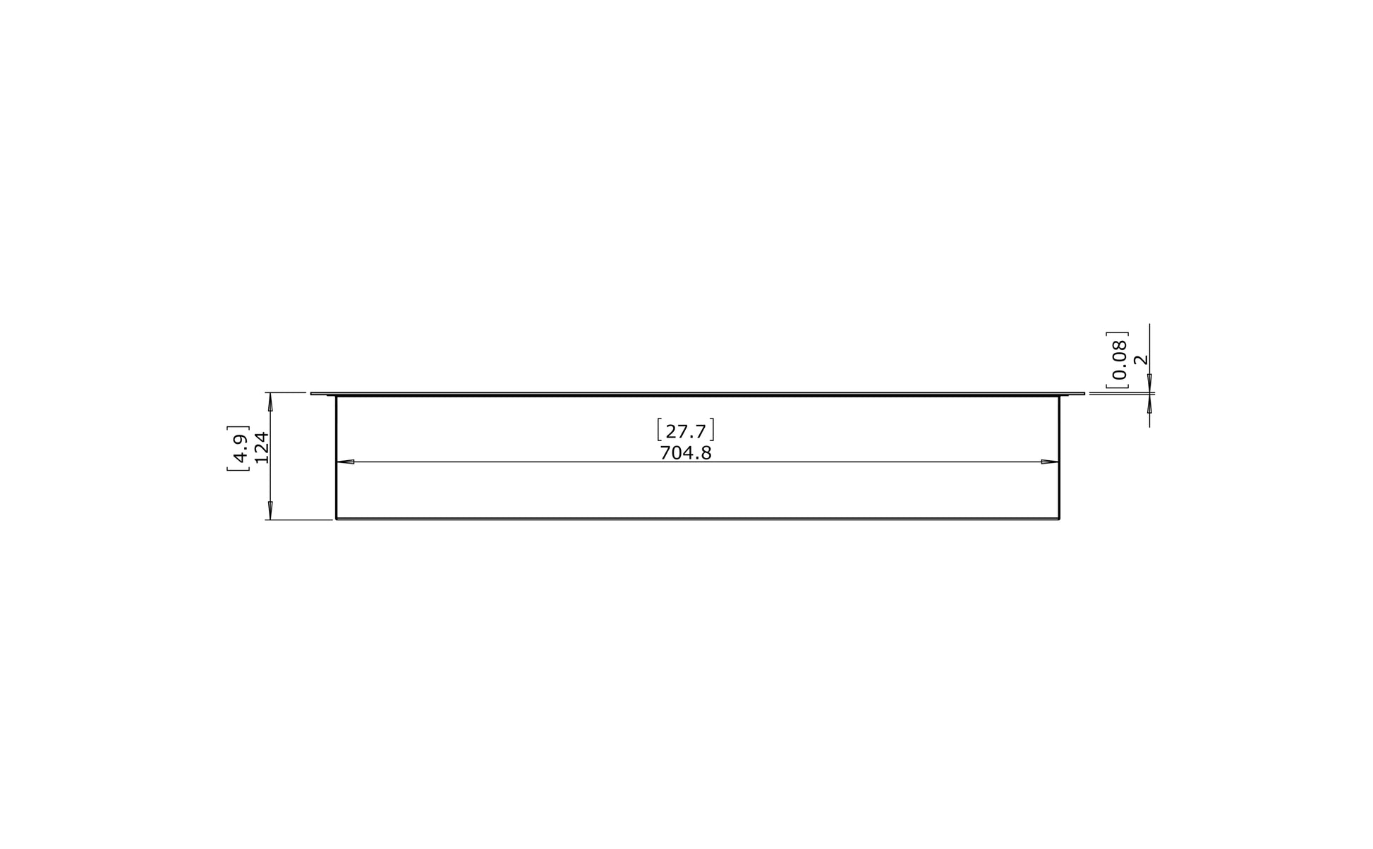Technical drawing of a rectangular component with dimensions on a white background