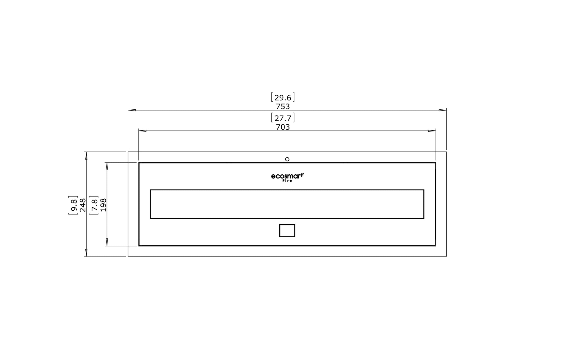 Technical drawing of a rectangular product with dimensions and Scandic logo.