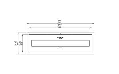 Technical drawing of a rectangular product with dimensions and Scandic logo.