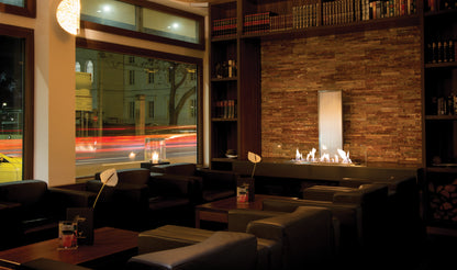 Modern interior of a restaurant with a fireplace and bookshelves.