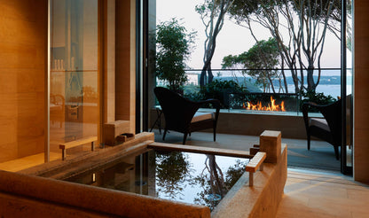 Modern indoor-outdoor living space with a fireplace and view of trees and water.