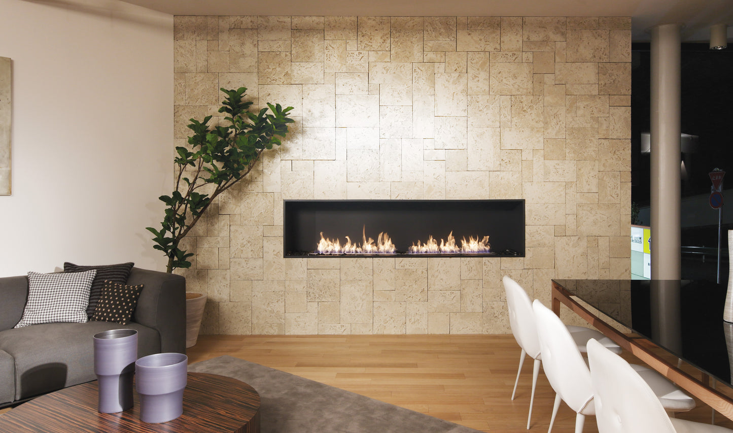 Modern living room with a fireplace and decorative elements.