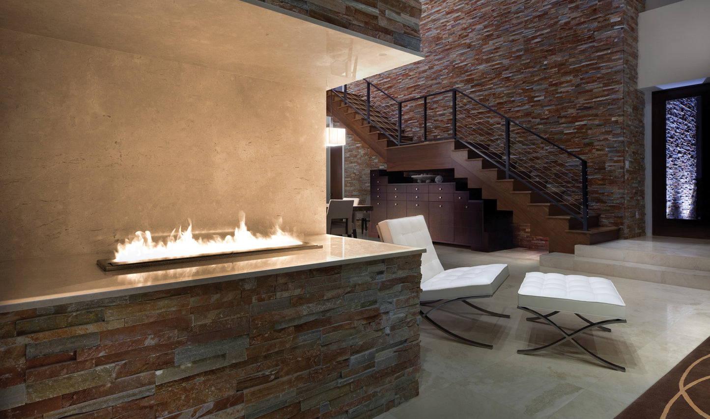 Modern interior with a stone fireplace and staircase