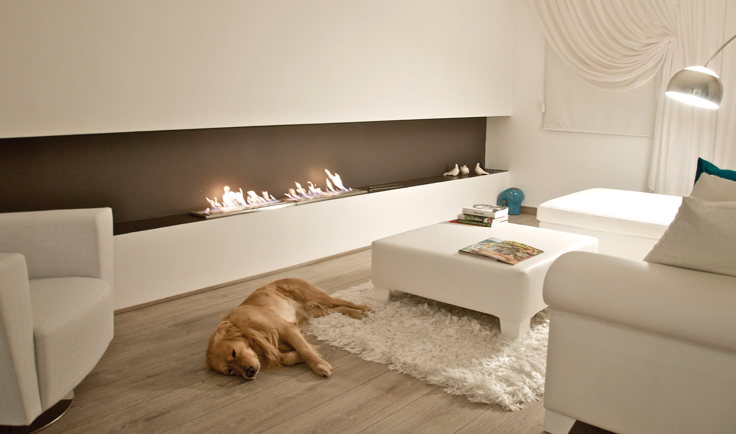 Modern living room with a fireplace, white furniture, and a dog lying on the floor.