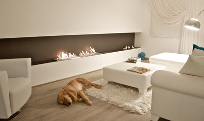 Modern living room with a fireplace, white furniture, and a dog lying on the floor.