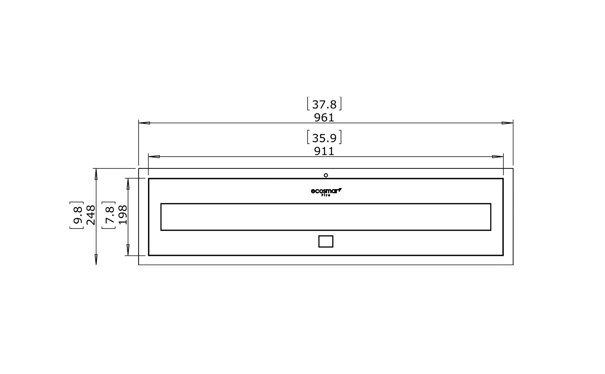 Technical drawing of a rectangular object with dimensions labeled