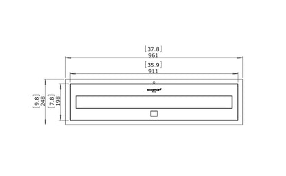 Technical drawing of a rectangular object with dimensions labeled