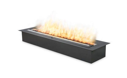 Modern black fire pit with flames on a white background