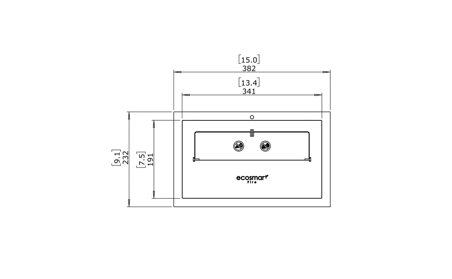 Technical drawing of a rectangular object with dimensions and Ecosmart branding.