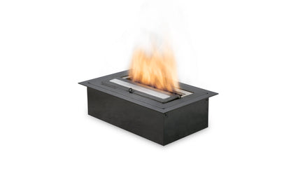 Black rectangular fire pit with flames on a white background