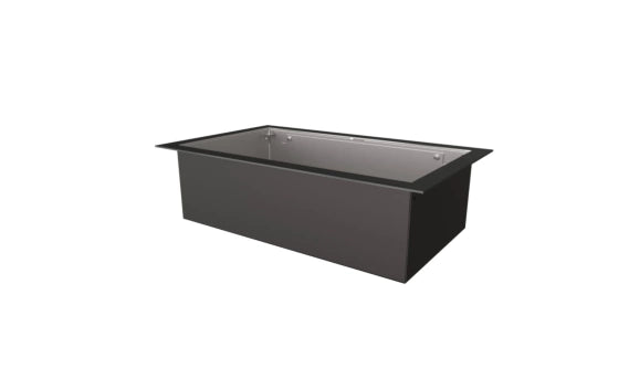Black rectangular metal sink on a white background