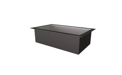 Black rectangular metal sink on a white background